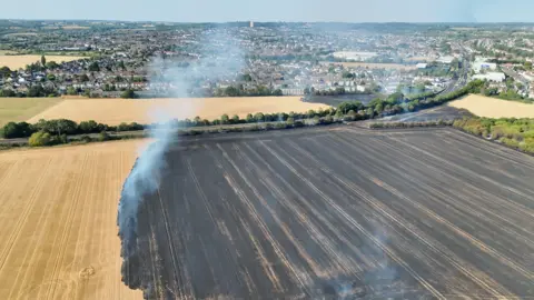Aerial view of extensive fire damage to fields near Eastern Avenue West in Romford. Large areas of scorched land and drifting smoke can be seen, with a fire engine positioned near the edge of the burned field.