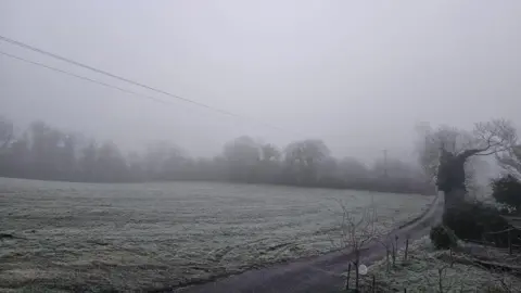 Weather Watcher Ingrid Brownlee A frosty path along a grassy field which has a layer of white ice. The sky is a grey and a large number of trees can be seen without any leaves. 