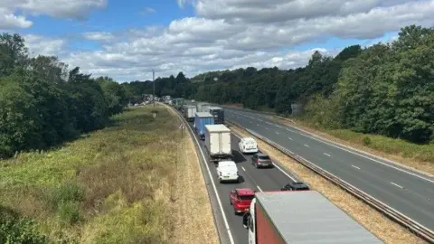 BBC Queuing traffic on A38. Lots of car and lorries as road is closed