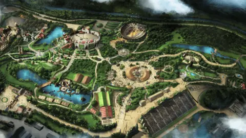 Kynren A map of how the new them park will look. It shows a large lake with a bridge running across. A circular building resembling a jousting area or colliseum and several medieval buildings.