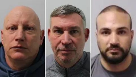 Met Police Mugshots of three men, the one on the left is bald, in the middle has stubble and on the right a dark beard