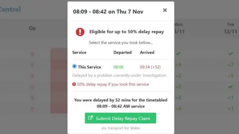 Screenshot showing a pop up on the delay repay part of the site for a given train service. It gives the departure and arrival times, minutes delayed, advises on how much of a refund they are eligible for, and links to the compensation form.