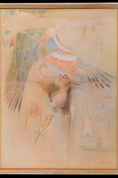 Rupert Wace A watercolour of two birds with various Egyptian symbols surrounding them.