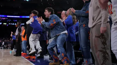  Timothee Chalamet and Kylie Jenner react in the fourth quarter between the New York Knicks and the San Antonio Spurs