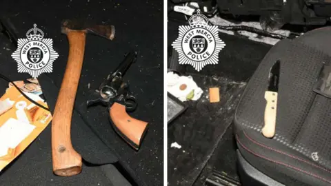 West Mercia Police Composite image of weapons found in Nunn's car. On the left, an axe and imitation pistol are pictured on what looks like the black floor of the boot. On the right is a serrated knife with a light wooden handle