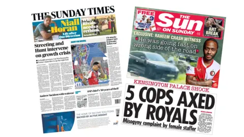 The headline on the front page of the Sunday Times reads: “Streeting and Hunt intervene on growth crisis”. The headline on the front page of the Sun reads: “5 cops axed by Royals”.