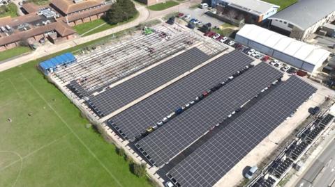 An aerial image of solar panels at EDGH