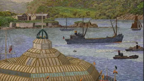 A painting of Plymouth Pier from The Hoe in 1923 by Charles Ginner. The sea is in the background, with boats on it, and an island in the top left. At the front is the roof of a domed shaped building.