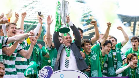Celtic manager Brendan Rodgers with the Scottish Premiership trophy