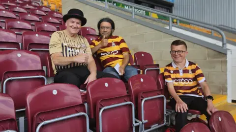 BBC Bradford City fans (from left) Leonard Berry (former "City Gent" mascot); Manny Dominguez, chair of the Bantams Supporters' Trust, and Nick Kitchen