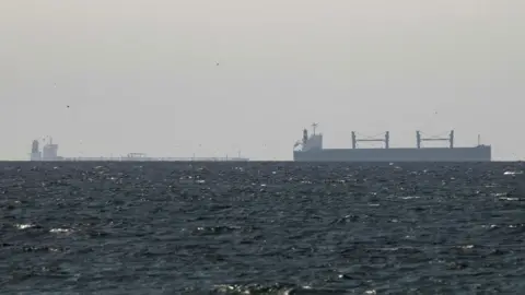 A cargo ship is seen on the horizon in the Gulf, near the Strait of Hormuz
