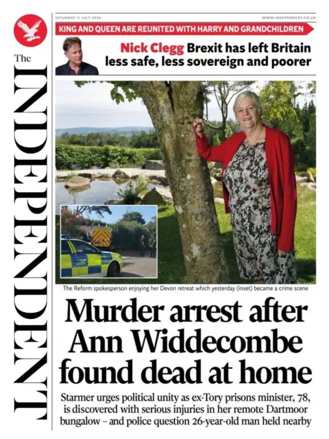 "Murder arrest after Ann Widdecombe found dead at home," reads the headline on the front page of the Independent. 