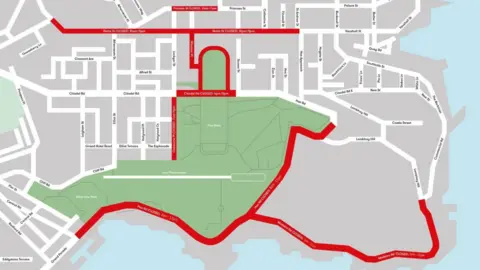Plymouth City Council A picture of a large map which highlights a number of roads in red that are facing closures.