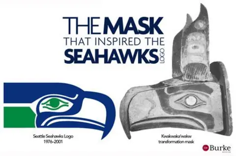 Burke Museum of Natural History and Culture A graphic showing the original team logo, next to the black and white photo of the mask which inspired the logo