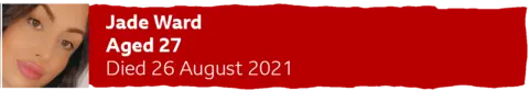 Red banner which says - Jade Ward - Aged 27 - Died 26 August 2021.
There is an image of a woman with brown hair and eyes looking at the camera.
