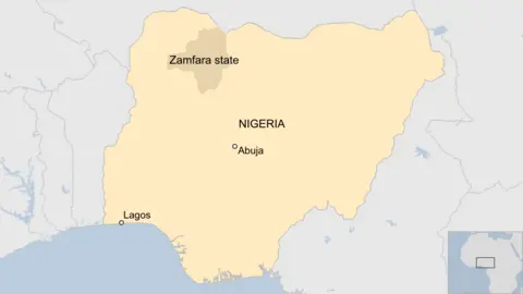A map of Nigeria showing Zamfara state, as well as the locations of Lagos and Abuja.