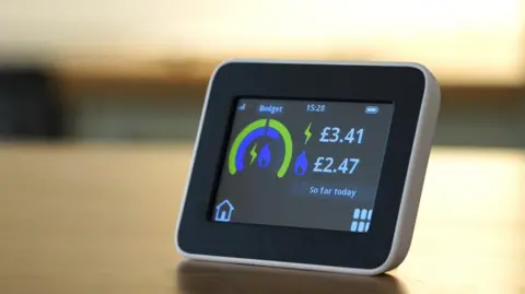 A small smart electricity meter on a table. It has a display that shows a graphic in blue and green contrasting the budget vs the cost of the energy used so far.