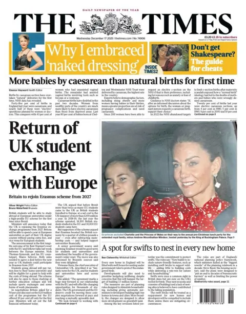 The headline on the front page of the Times reads: "Return of UK student exchange with Europe".