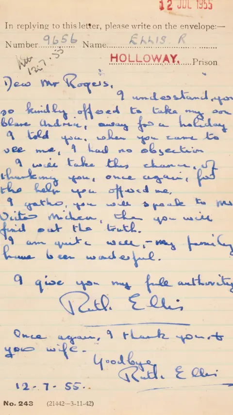 Forum Auctions Letter written by Ruth Ellis. The paper is yellow-brown and it is handwritten in blue ink, with the date stamped in red at the top and Holloway stamped in red at the top.