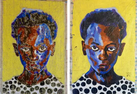 Stary Mwaba Medium: acrílico en periódicos perforados. Pinturas reflejadas de una persona joven con camisa de lunares blancas y negras mirando solemnemente al espectador. El fondo es de color amarillo pálido.