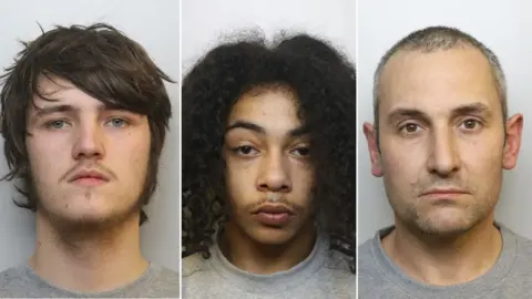 AVON & SOMERSET POLICE Three mugshots. From the left to the right, two teenage-looking boys and one older man are looking straight into the camera.
