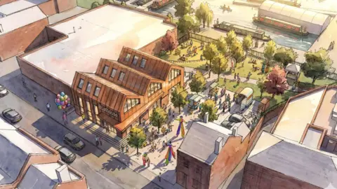 Wyre Forest District Council An artists impression of a revamped Bridge Street in Stourport. It shows a park and the Boathouse with colourful balloons outside the building.