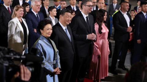 Serbian President Aleksandar Vucic and his wife Tamara Vucic welcome China's President Xi Jinping and his wife Peng Liyuan for an official two-day state visit, at Nikola Tesla Airport in Belgrade, Serbia, May 7, 2024