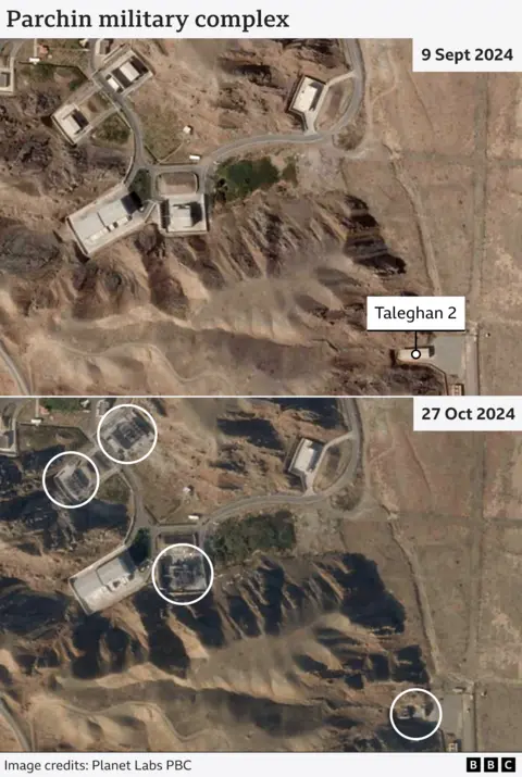 Satellite images before and after Israeli air strike on Parchin military complex showing damage