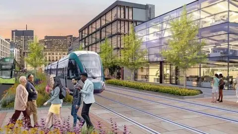 CGI of tram going through city with people walking past