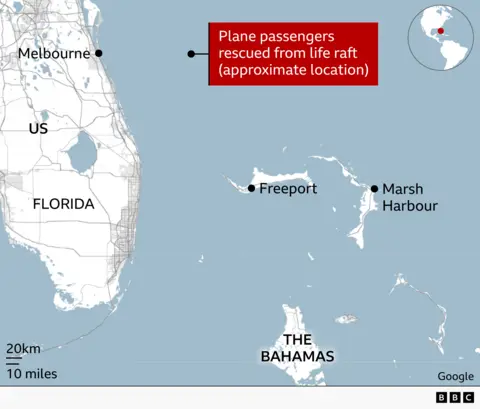 A map showing the state of Florida and the Bahamas. Two points mark where the flight originated and was supposed to land. Another point shows where the flight crashed. A fourth point shows the Florida city of Melbourne. 