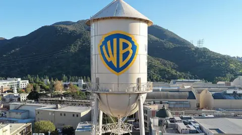 Getty Images An aerial view of the Warner Bros logo displayed on the iconic water tower at the company's California studio