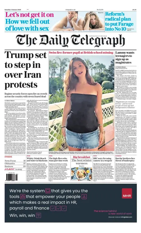 The headline on the front page of the Daily Telegraph reads: "Trump set to step in over Iran protests". 