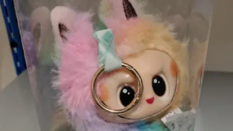 North East Lincolnshire Council A doll with pink, purple and yellow hair, a gold ring round one of its eyes and a cartoon-style face, with a heart for a nose and big, black eyes. It is wrapped in clear plastic.