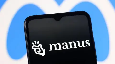 Manus logo displayed in white typeface on a black smartphone screen, with the blue and white Meta logo in the background behind it