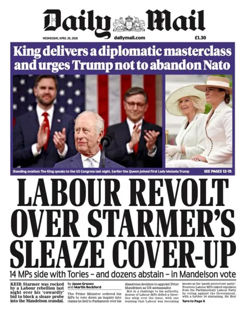 The headline on the front page of the Daily Mail reads: "Labour revolt over Starmer's sleaze cover-up."