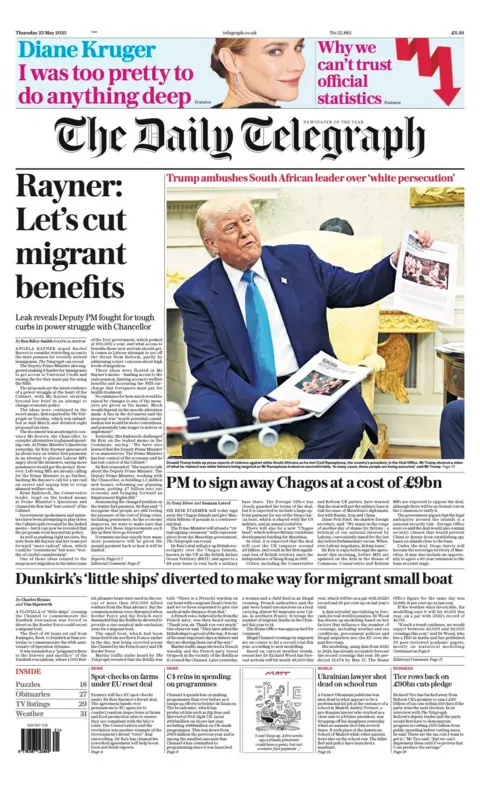 The headline of the front page of the Daily Telegraph reads: "Rayner: Let's cut migrant benefits".