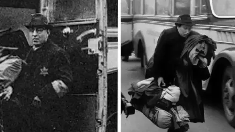 United States Holocaust Memorial Museum Archives A composite image of two black and white images. On the left is a man with a hat on looking at the camera. He is about to get on a bus. On the right is an image of a woman holding clothes and bags. There is a bus next to her. 