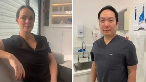 Composite image, Tanya and Chris.
Tanya has her hair tied back in a middle parting. 
She has a black v neck top on.
She is smiling at the camera sitting down. 
Behind her is a shutter and white drawers with little packets in them. Chris has black short hair.
He is wearing grey black scrubs with a v neck.
Behind him is a hospital sink, soap and a hand glove machine. 