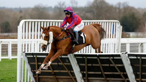 PA Media Thank You Ma'am ridden by Olive Nicholls clears the last before going on to win the Thames Materials Novices' Handicap Hurdle on Howden Christmas Racing Weekend at Ascot Racecourse.