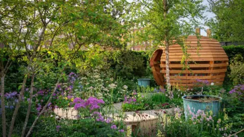 Julie Skelton A garden full of plants and flowers with a winding path and large garden building called the 'hug'.