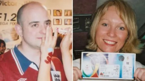 Tom Barnard A collage of two photographs. On the left, Tom is standing at a busy exhibition or event wearing an England football shirt while another person applies face paint to his face. On the right, Lisa is holding up a Fifa World Cup ticket and posing for a close-up photo indoors.