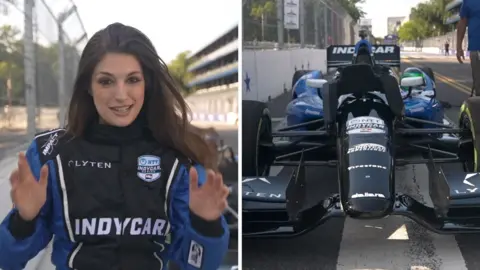 Split screen. Left, Helena Humphrey is seen. Right, a race car is seen.
