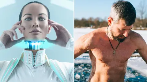 montage: photo of a robot woman looking at the camera, there are wires where he next is; a man getting out of a body of water which is partially iced over