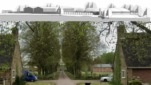 a country road with trees on either side of the path. there is a blue van parked on the left hand side and a white car on the right.