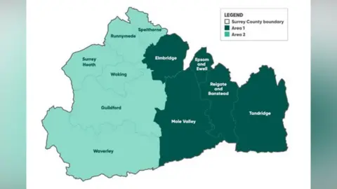 Elmbridge Borough Council A map is divided in two - to the left West Surrey is shaded light green whilst to the right East Surrey is dark green
