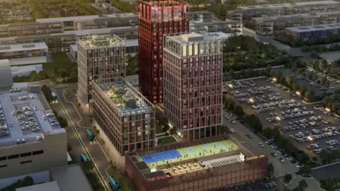 Galliard Holdings A computer generated image of the development shows four tower blocks rising from the site. There is a space for tennis and other outdoor activities.