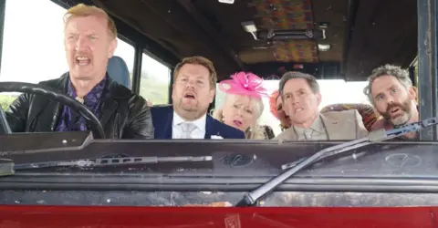 The cast of Gavin and Stacey pictured in a bus in the final episode