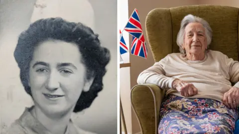 On the left is an old black and white photo of a young woman with pinned up dark hair, wearing a white nurse's hat and smiling at the camera. On the right is a recent picture of the same woman, now 99 years old, wearing a pale pink top and floral-patterned skirt. She has grey hair and is sat in a yellow armchair, smiling at the camera with union jack flags beside her.