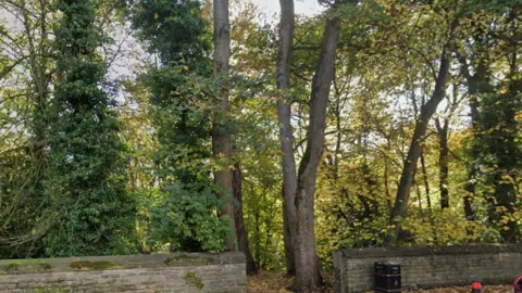 Google The tree-lined entrance to a park. There is a gap in a wall that runs around the park where the footpath runs. A waste bin stands to the side.