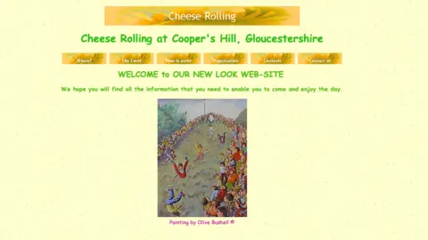 Jean Jefferies A website dedicated to cheese rolling which says Welcome to our new look web-site. It has a yellow background and a centre image which is a painting of a cheese rolling content from Olive Bushell, depicting people tumbling down a hill.